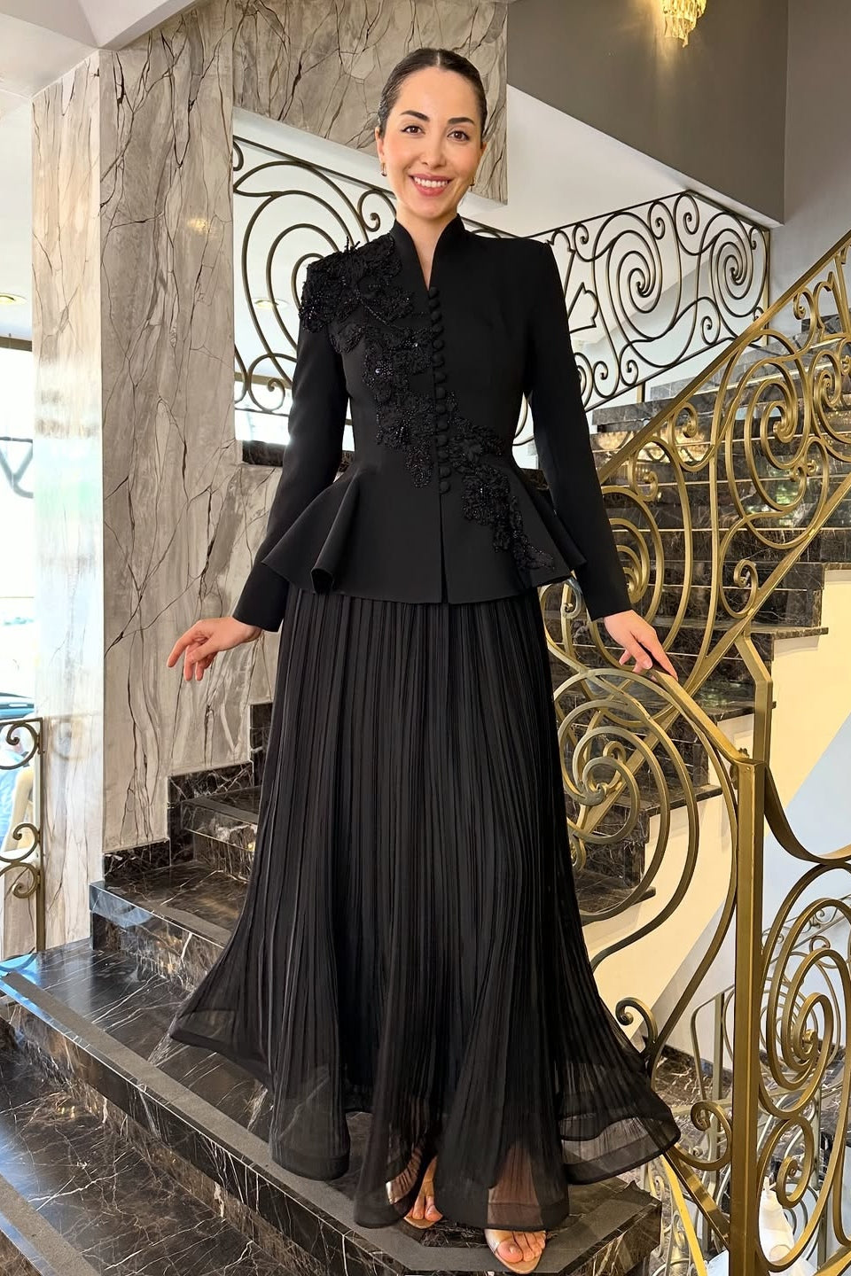 Embellished Peplum Jacket & Pleated Skirt Two-Piece Set-Black