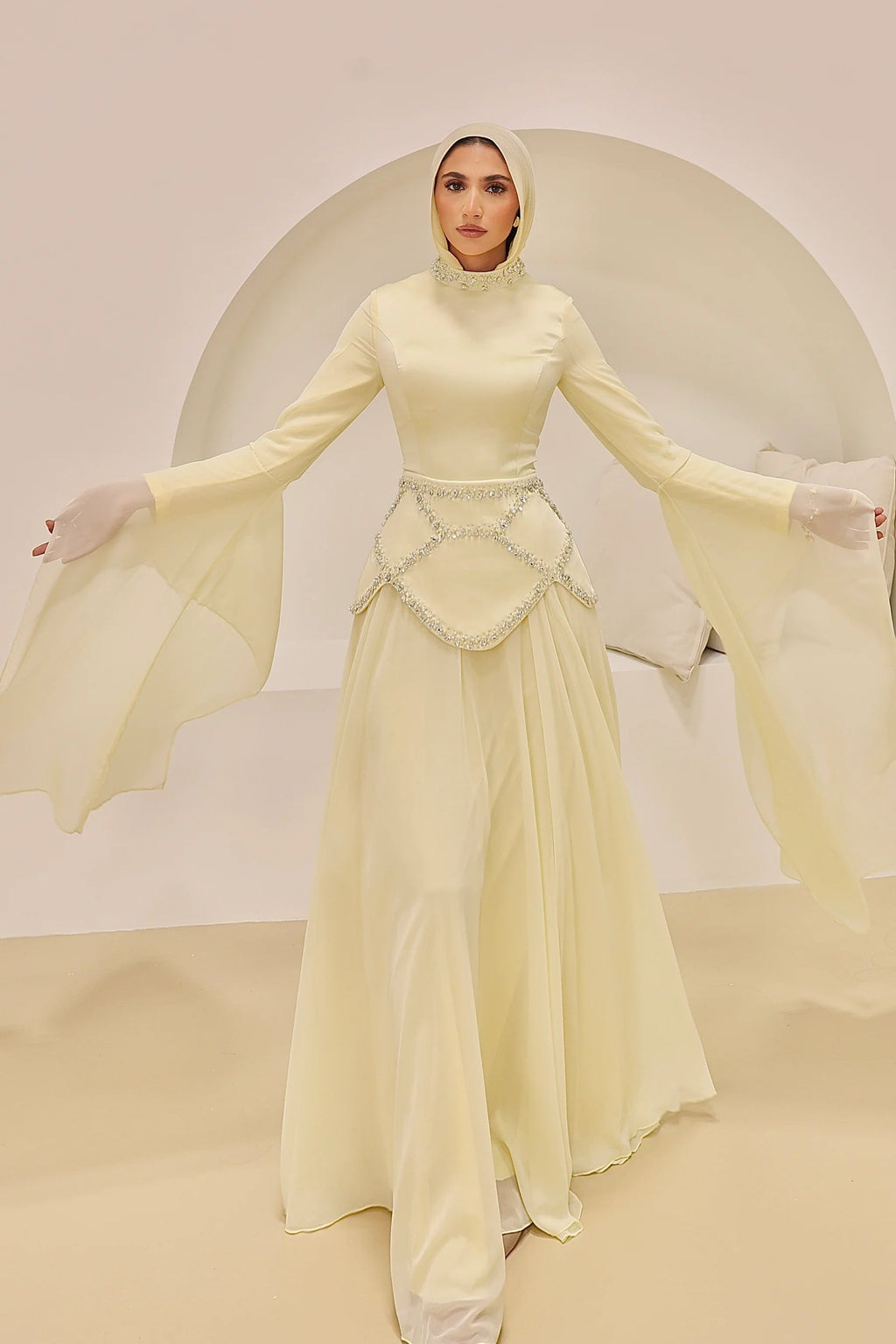 Lina Beaded Cape‑Sleeve Flowy Maxi Dress-Yellow