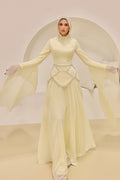 Lina Beaded Cape‑Sleeve Flowy Maxi Dress-Yellow