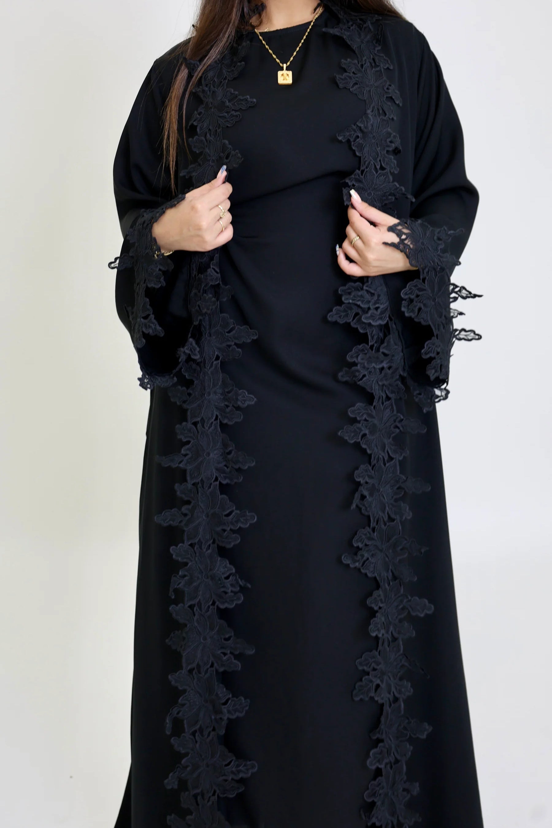 Sahara Floral Lace Trim Two Piece Abaya Set-Black