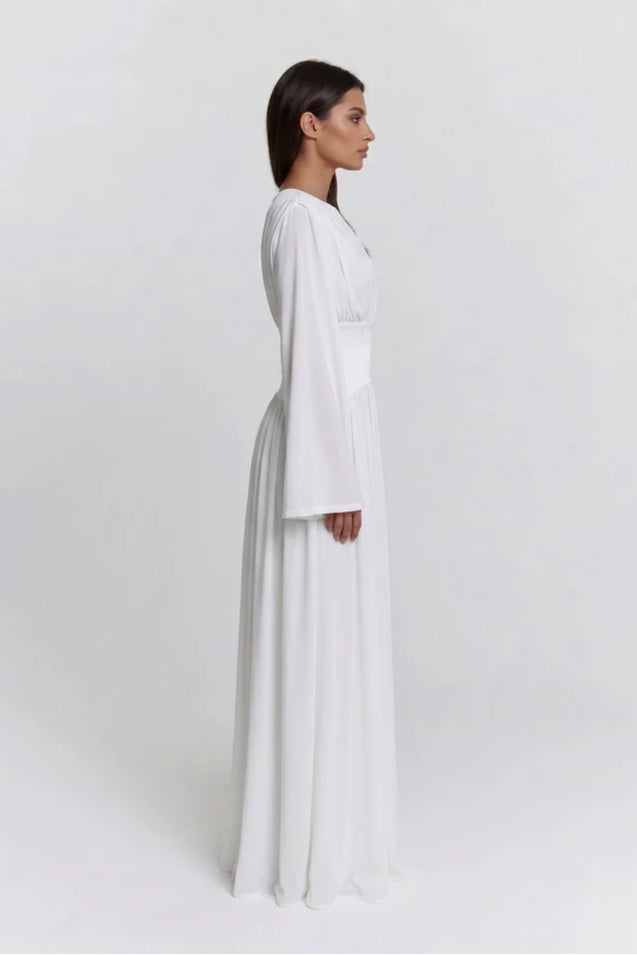 Iris Gathered Waist Flare Sleeve Maxi Dress-White