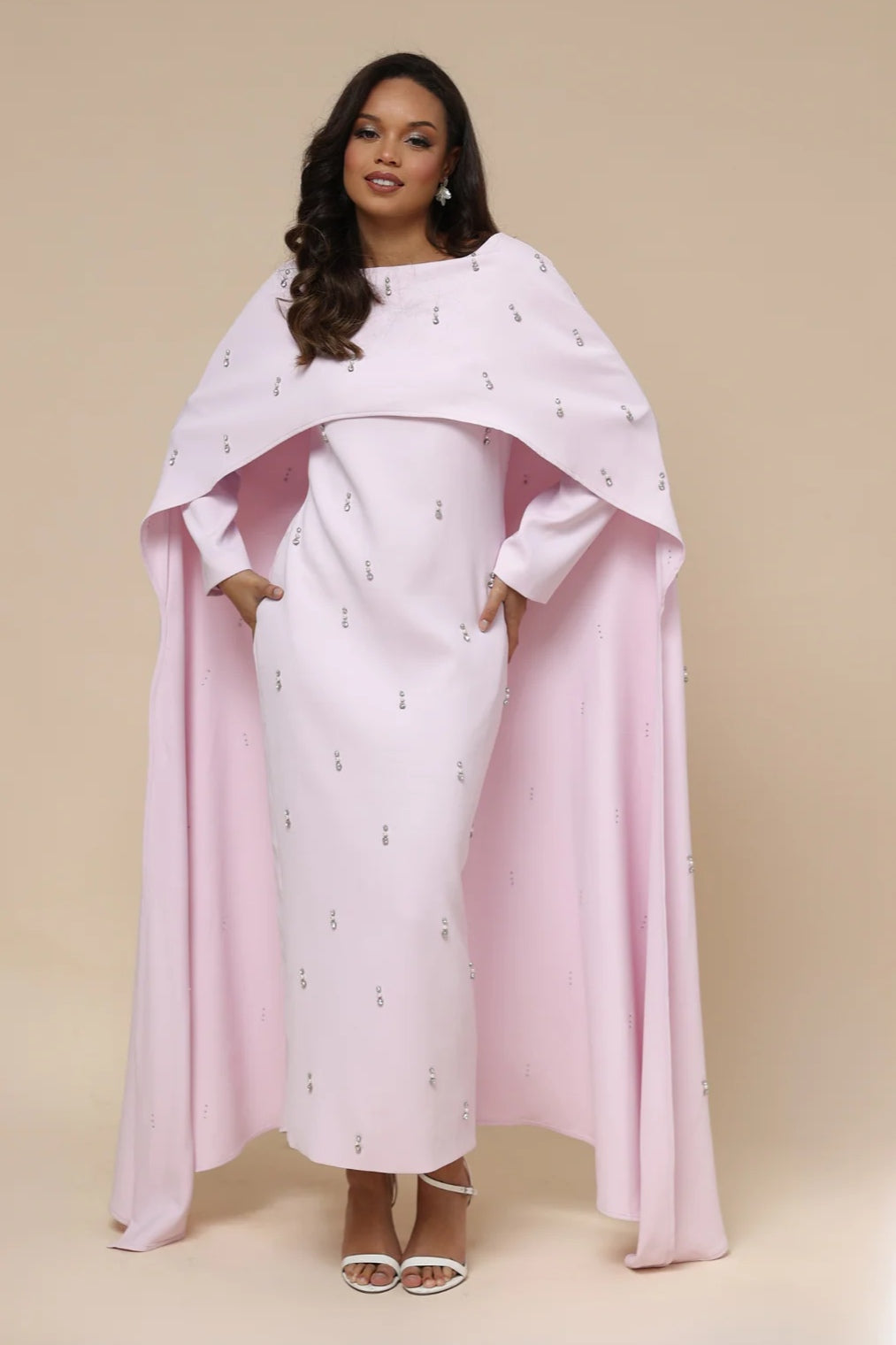 Embellished Cape-Sleeve Modest Two-Piece Gown-Pink