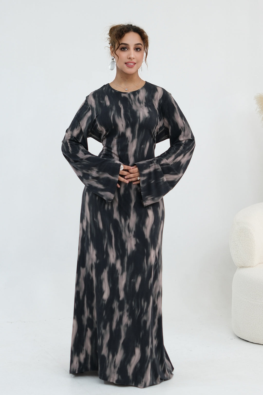 Leila Tie Dye Flare Sleeve Maxi Dress-Black