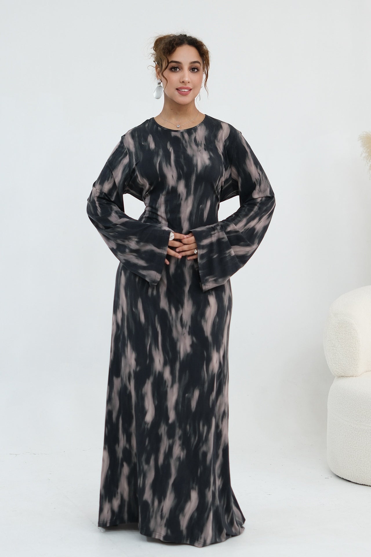 Leila Tie Dye Flare Sleeve Maxi Dress-Black