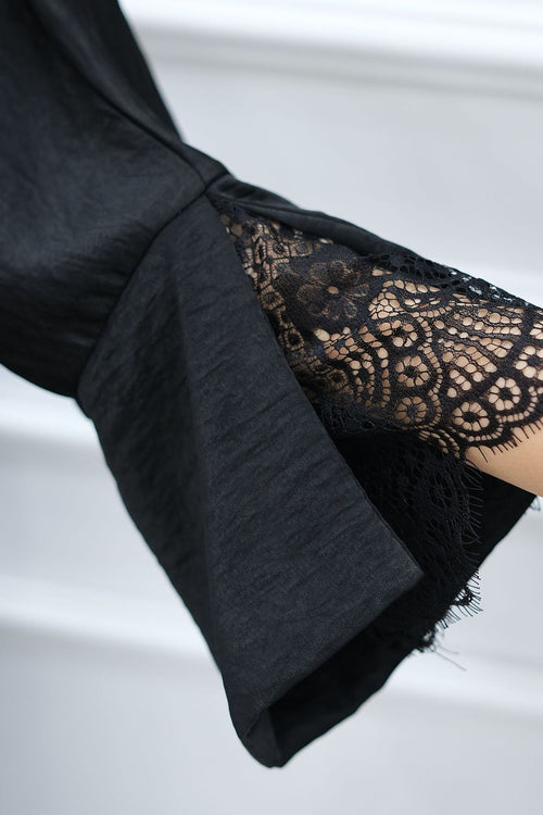 Basma Lace Cuff Stand Collar Long Abaya-Black