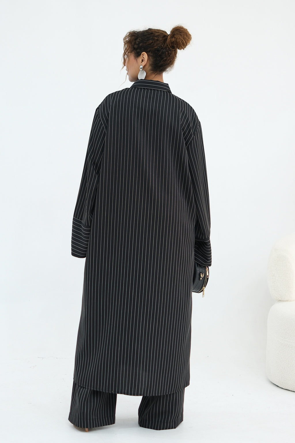 Muna Striped Shirt Long Two Piece Set-Black