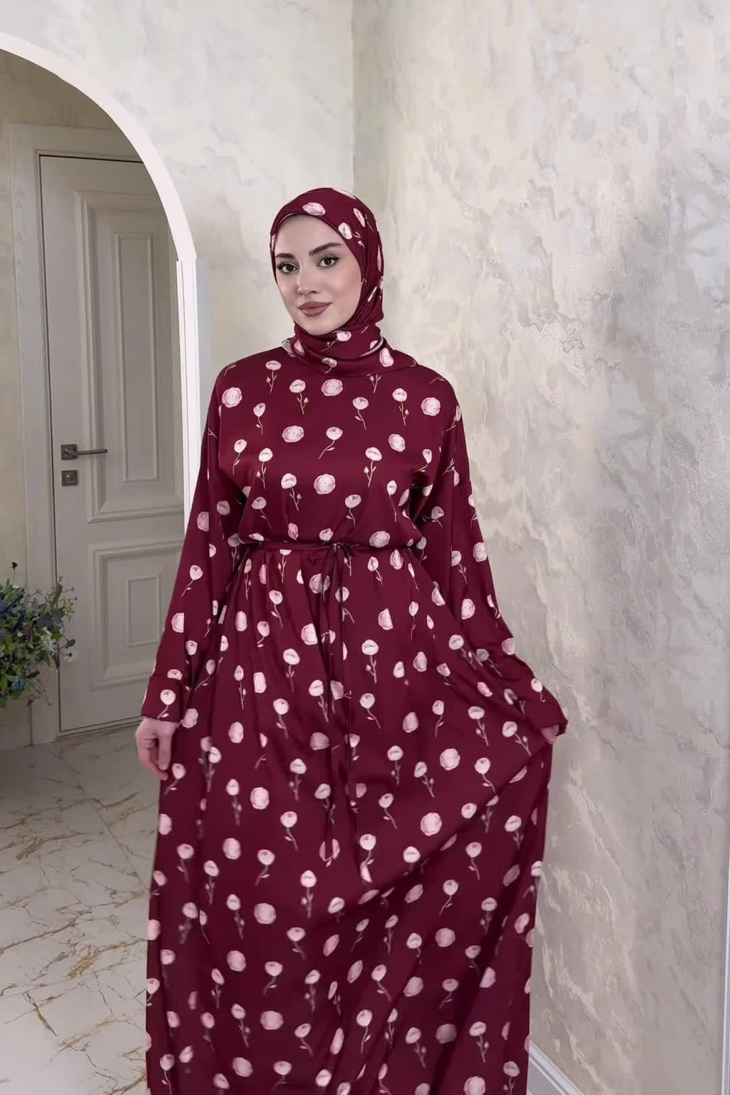 Rima Floral Print Tie Waist Abaya Hijab Set-Red