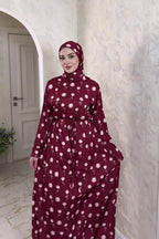 Rima Floral Print Tie Waist Abaya Hijab Set-Red