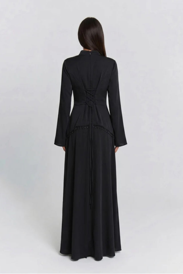 Nur V Neck Beaded Two Piece Abaya-Black