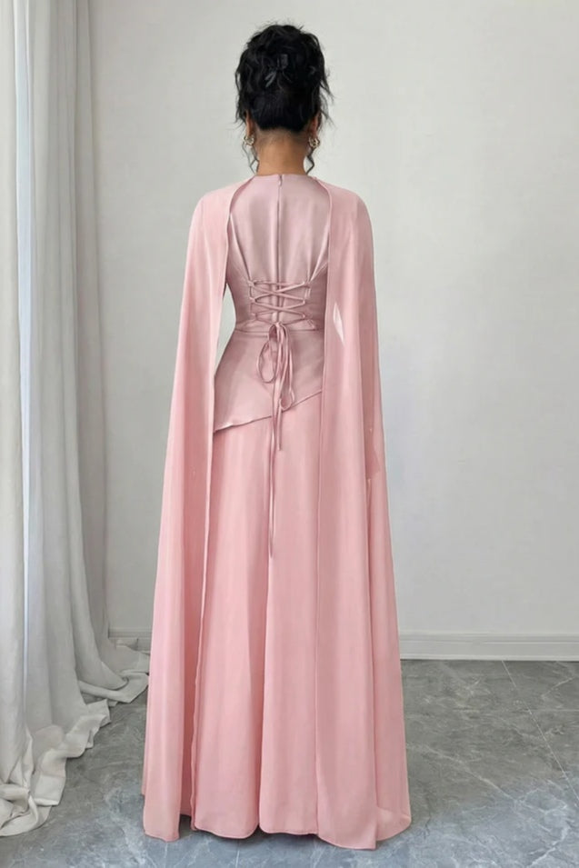 Sofia Peplum Cape Maxi Dress-Pink