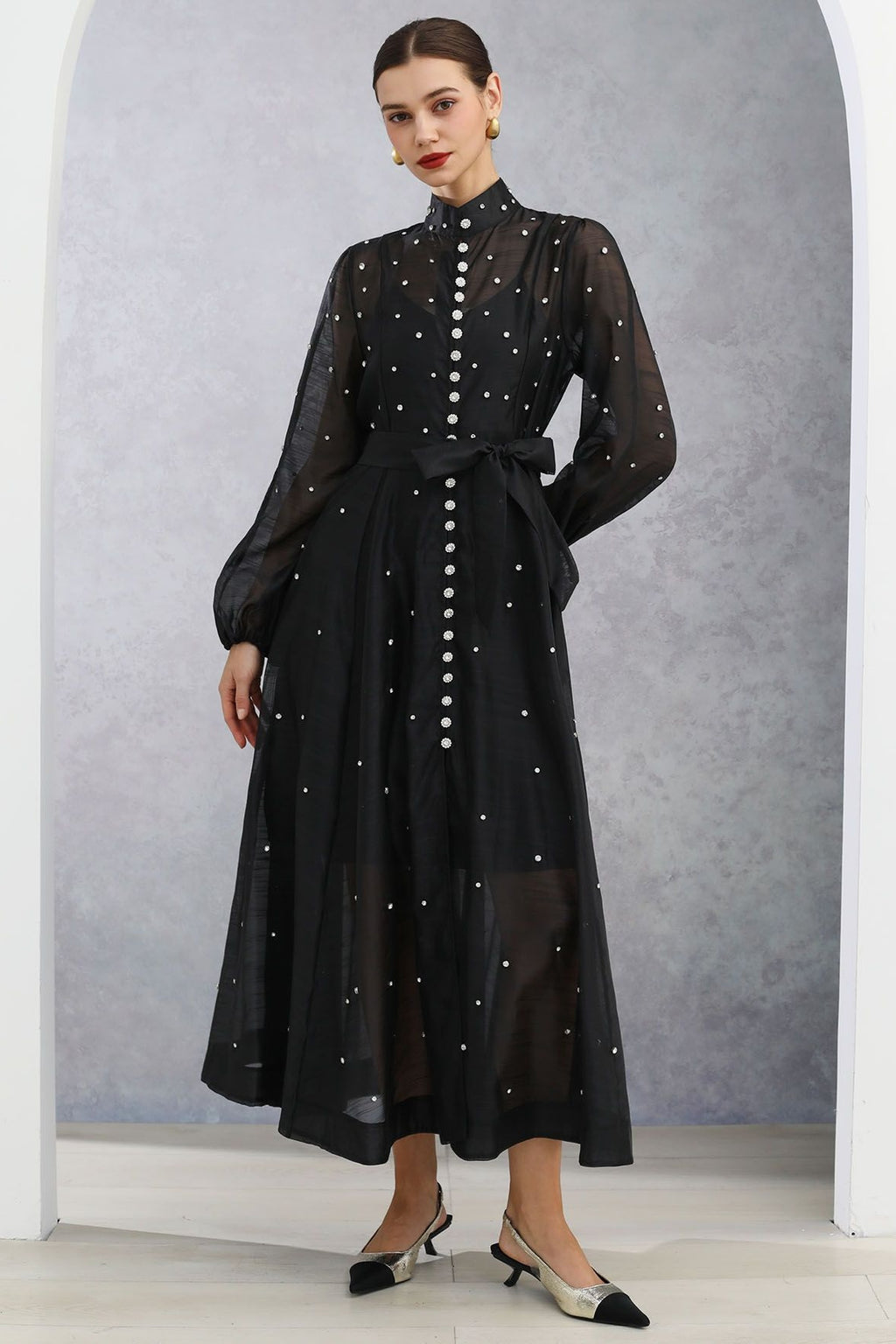Rhinestone Sheer Tie Midi Dress-Black