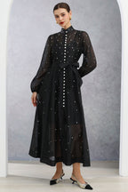 Rhinestone Sheer Tie Midi Dress-Black
