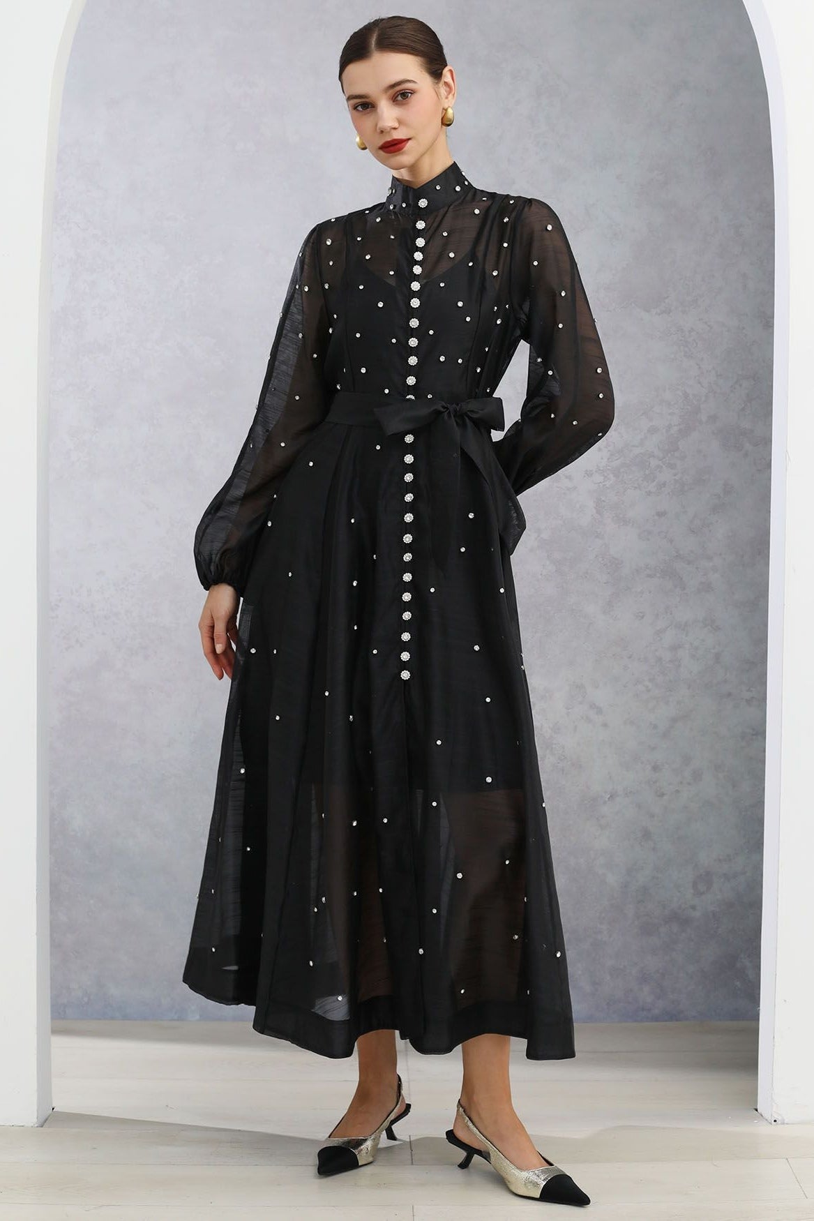 Rhinestone Sheer Tie Midi Dress-Black