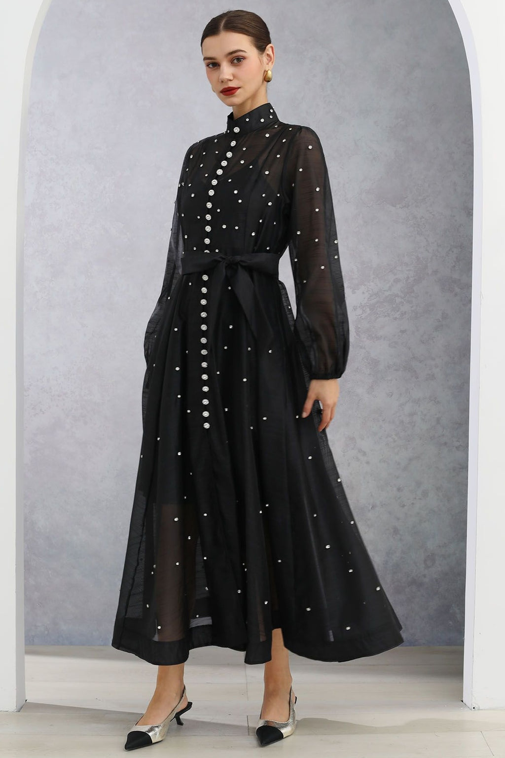Rhinestone Sheer Tie Midi Dress-Black