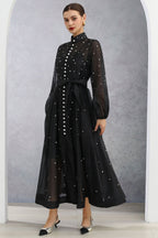 Rhinestone Sheer Tie Midi Dress-Black