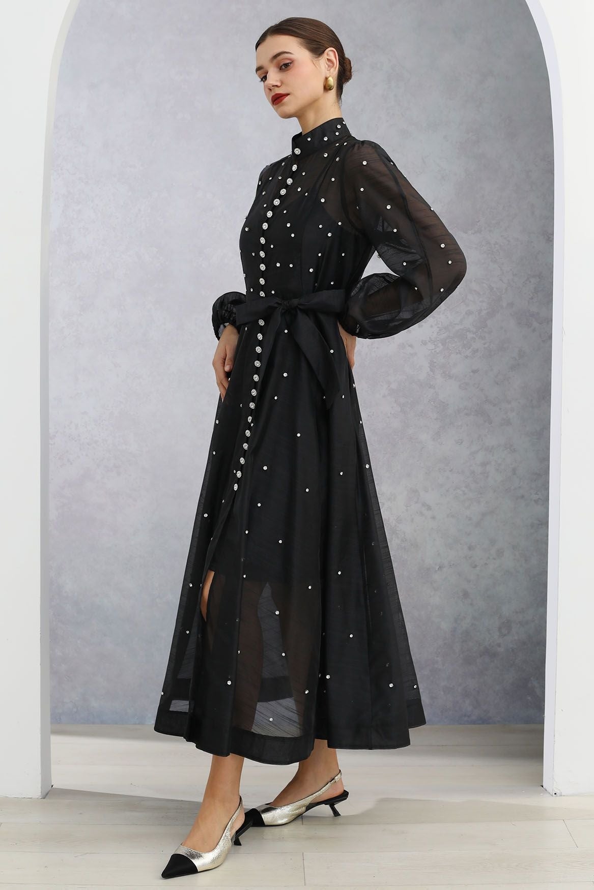 Rhinestone Sheer Tie Midi Dress-Black