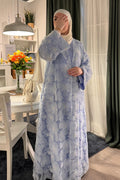 Hand-Beaded Floral Mesh Abaya Two-Piece Set-Blue