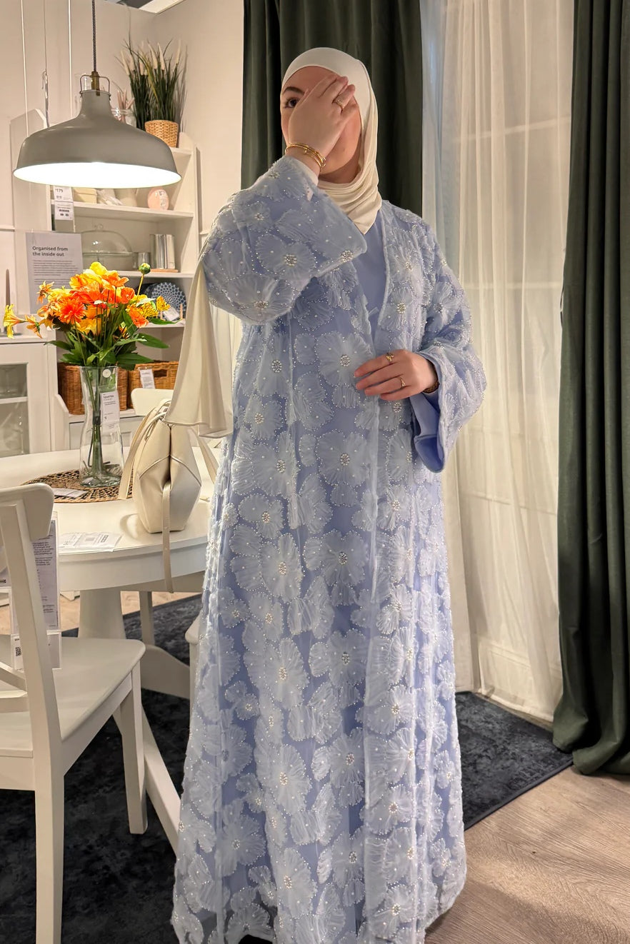 Hand-Beaded Floral Mesh Abaya Two-Piece Set-Blue