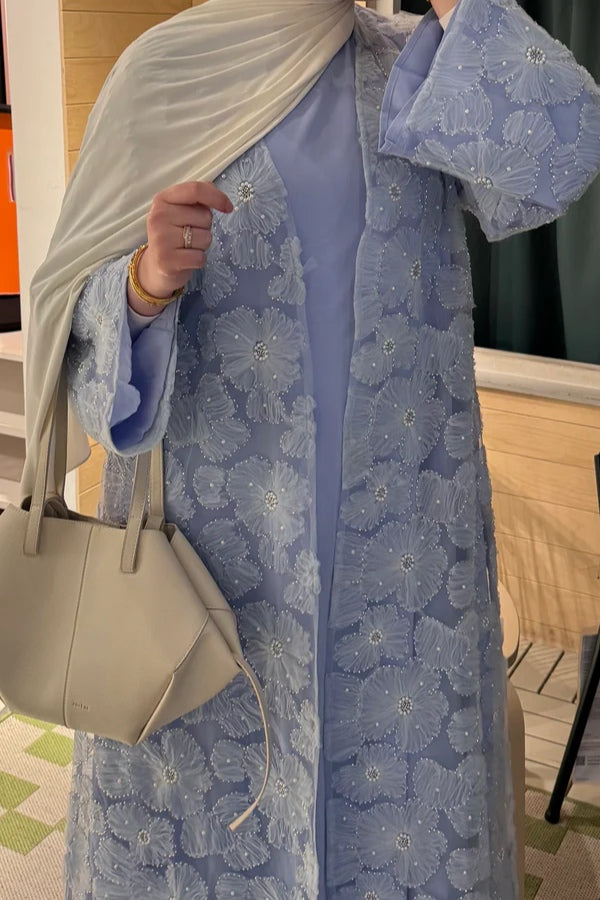 Hand-Beaded Floral Mesh Abaya Two-Piece Set-Blue