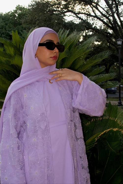 Hand-Beaded Floral Mesh Abaya Two-Piece Set-Purple