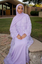 Hand-Beaded Floral Mesh Abaya Two-Piece Set-Purple