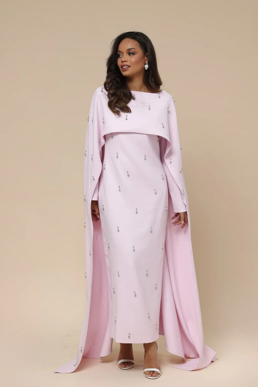 Embellished Cape-Sleeve Modest Two-Piece Gown-Pink