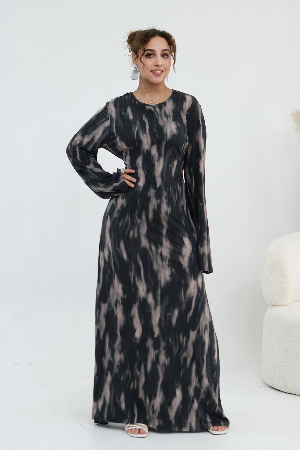 Leila Tie Dye Flare Sleeve Maxi Dress-Black