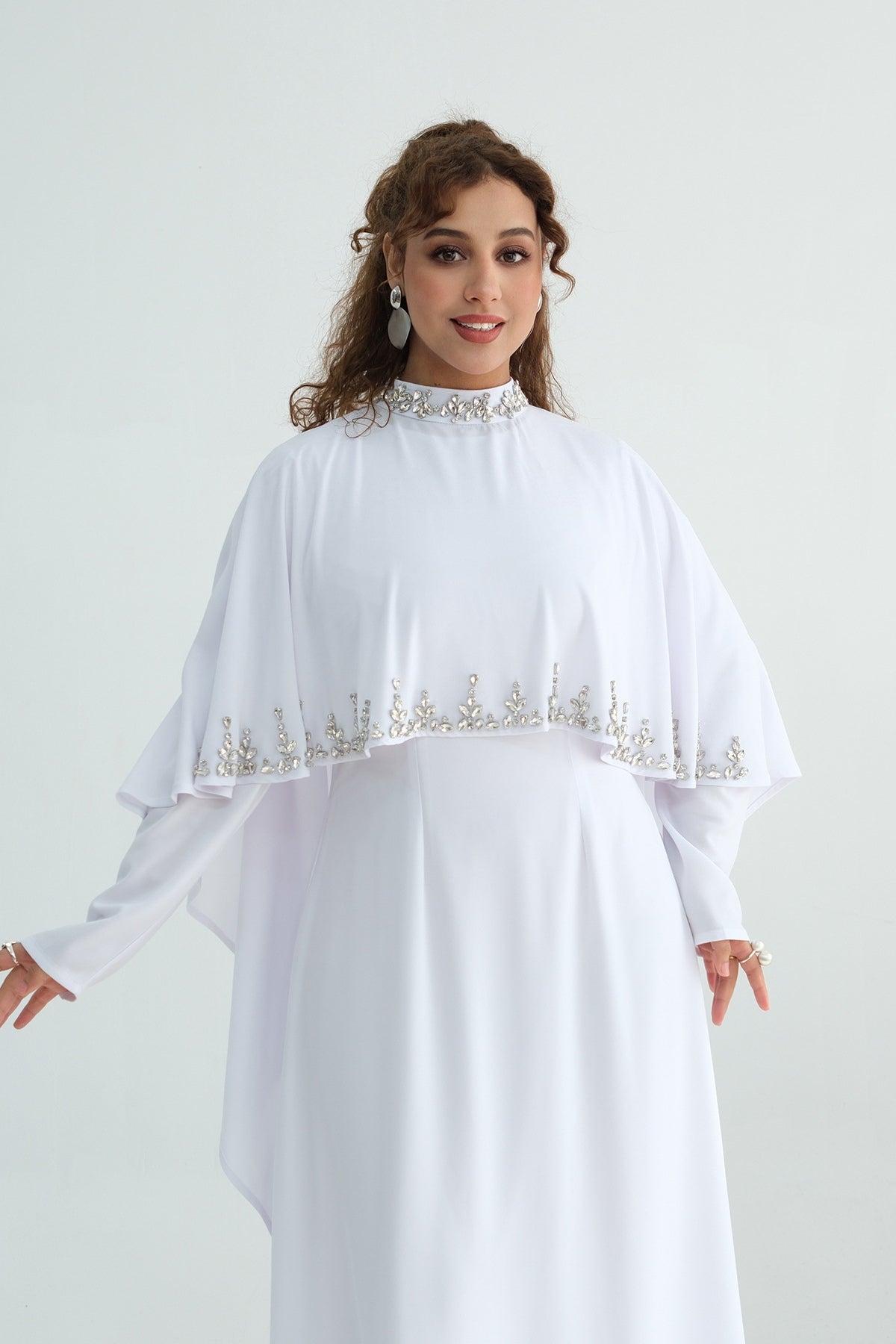 Maya Rhinestone Cape Layer Maxi Dress-White