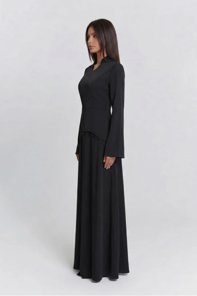 Nur V Neck Beaded Two Piece Abaya-Black
