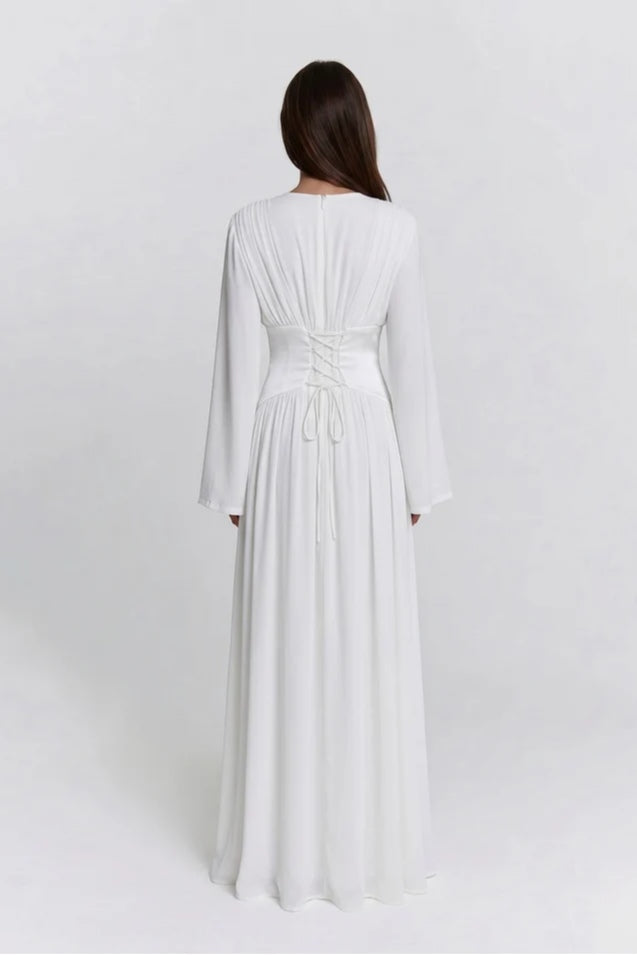 Iris Gathered Waist Flare Sleeve Maxi Dress-White