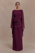 Ruched Asymmetric Draped Sleeve Maxi Dress