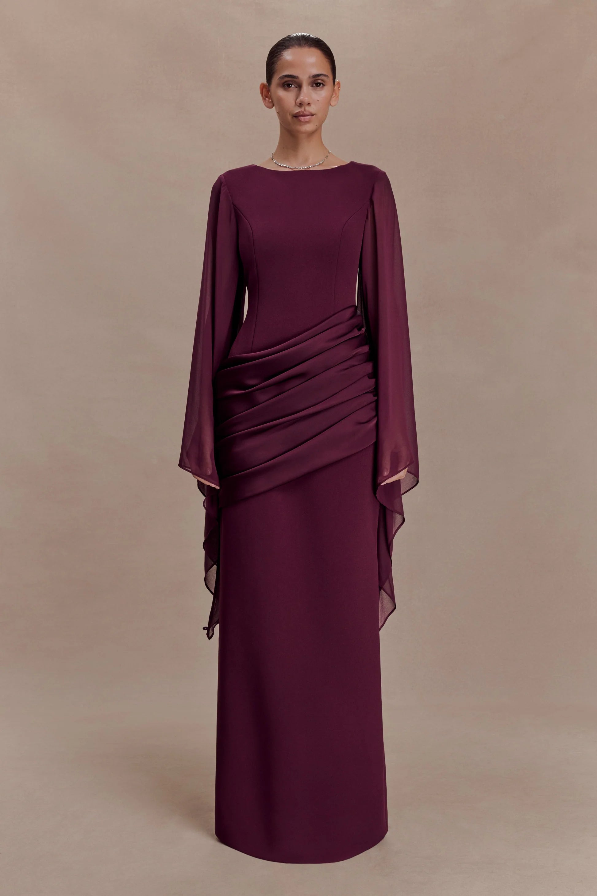 Ruched Asymmetric Draped Sleeve Maxi Dress