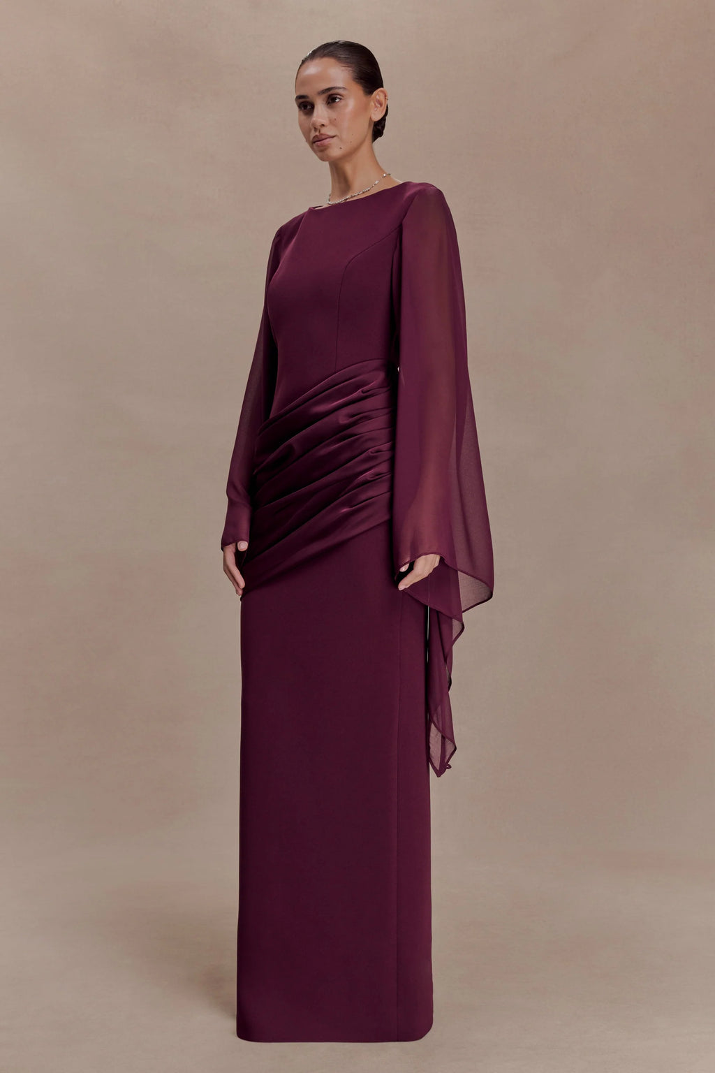 Ruched Asymmetric Draped Sleeve Maxi Dress