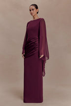 Ruched Asymmetric Draped Sleeve Maxi Dress