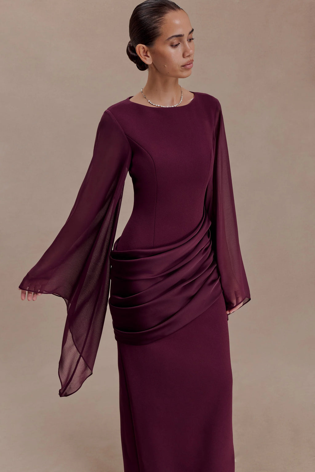 Ruched Asymmetric Draped Sleeve Maxi Dress