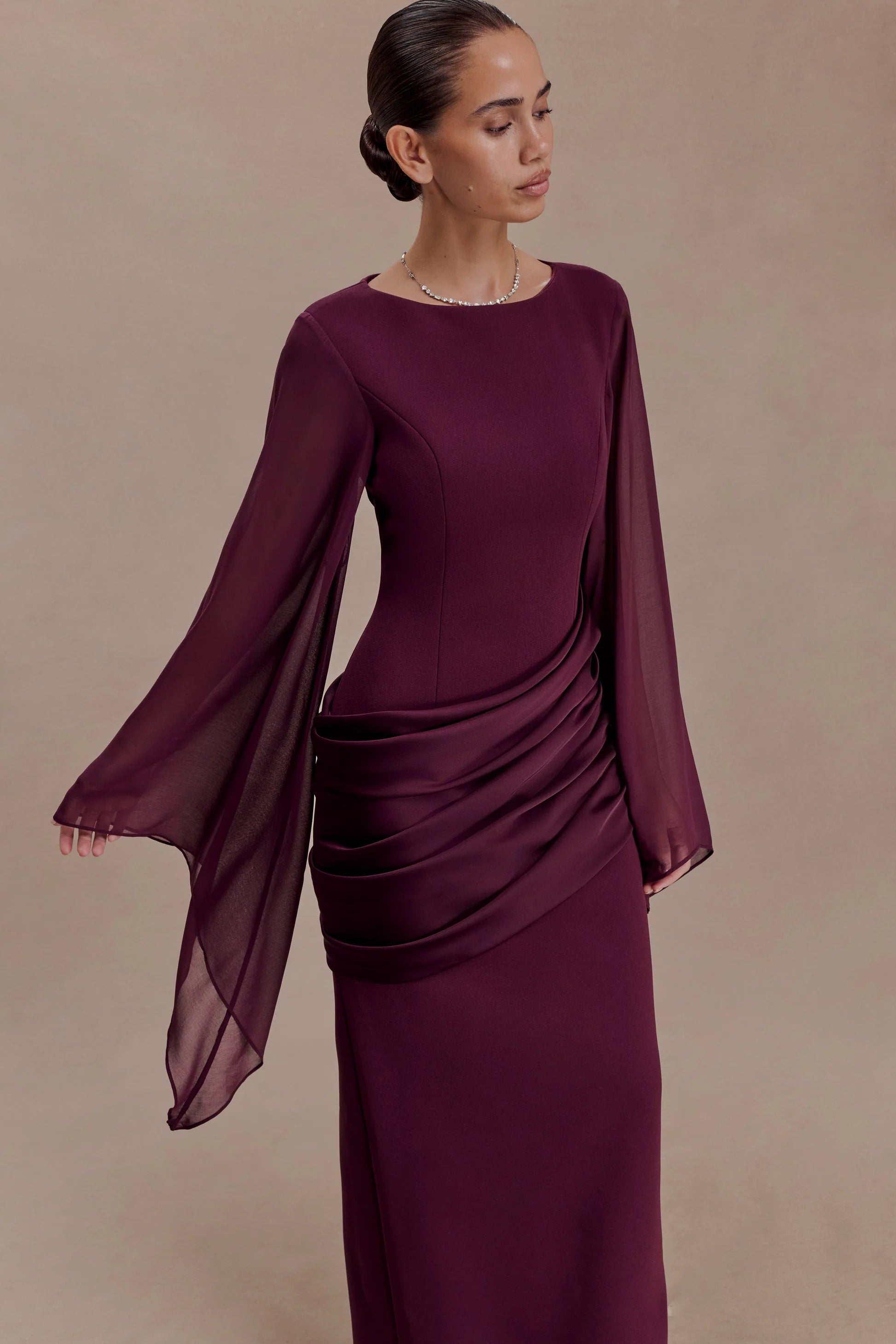 Ruched Asymmetric Draped Sleeve Maxi Dress