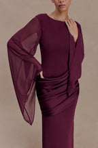 Ruched Asymmetric Draped Sleeve Maxi Dress