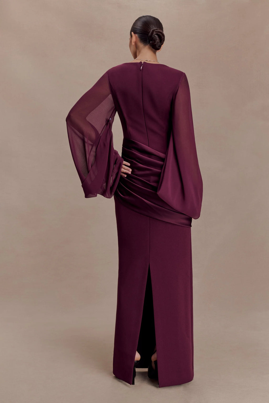 Ruched Asymmetric Draped Sleeve Maxi Dress