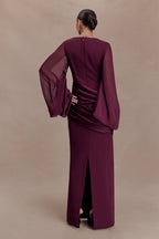 Ruched Asymmetric Draped Sleeve Maxi Dress