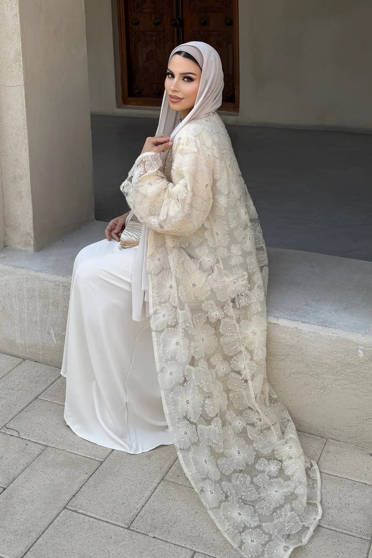 Hand-Beaded Floral Mesh Abaya Two-Piece Set-Apricot
