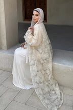 Hand-Beaded Floral Mesh Abaya Two-Piece Set-Apricot