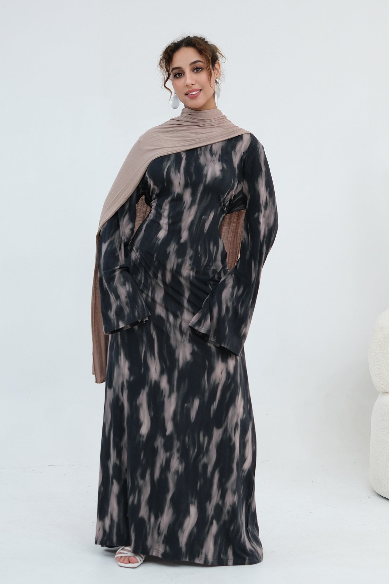 Leila Tie Dye Flare Sleeve Maxi Dress-Black