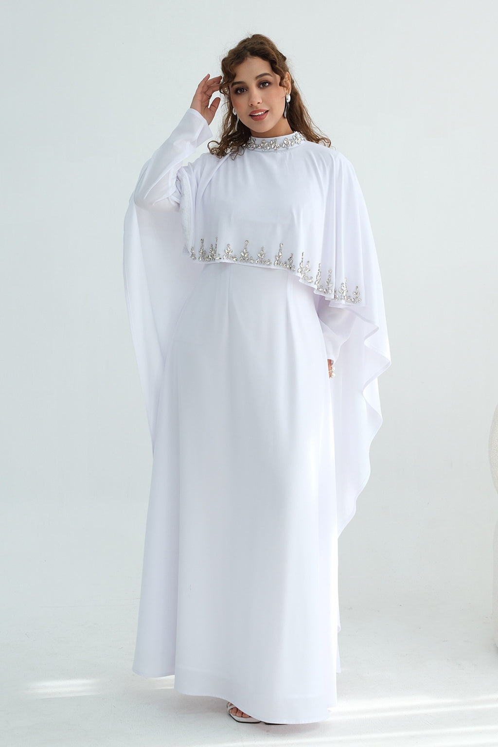 Maya Rhinestone Cape Layer Maxi Dress-White