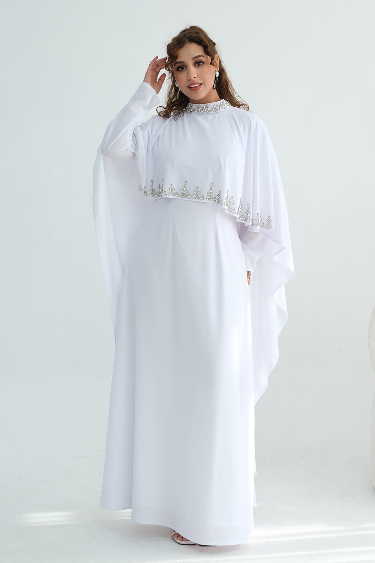 Maya Rhinestone Cape Layer Maxi Dress-White