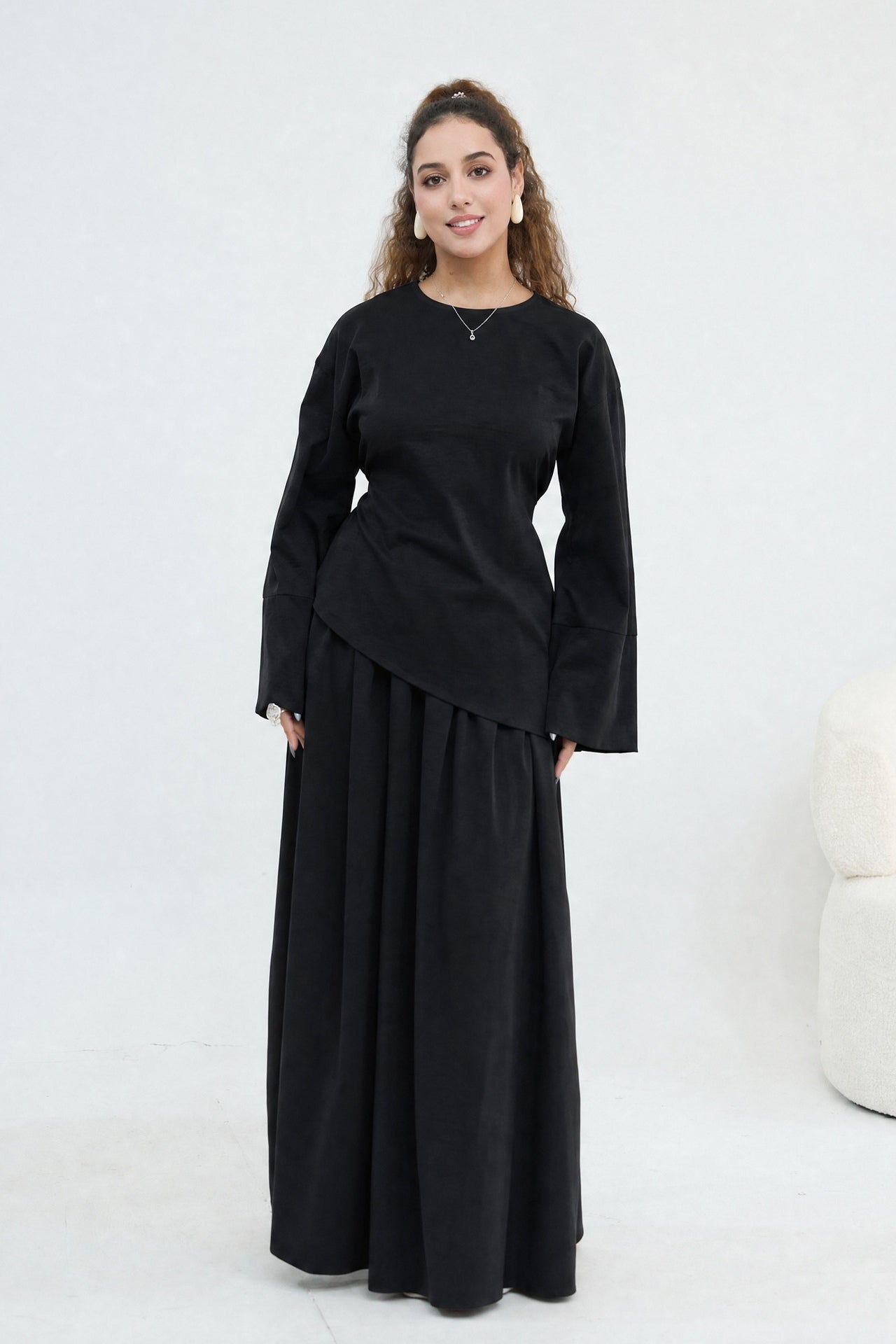 Zahra Asymmetrical Two Piece Maxi Set-Black