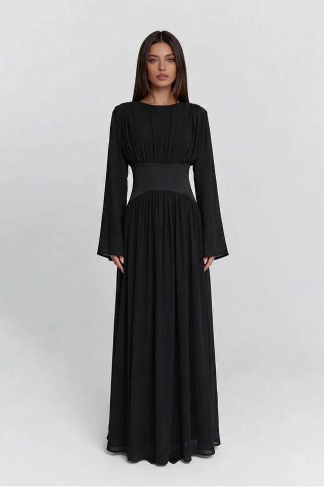 Iris Gathered Waist Flare Sleeve Maxi Dress-Black
