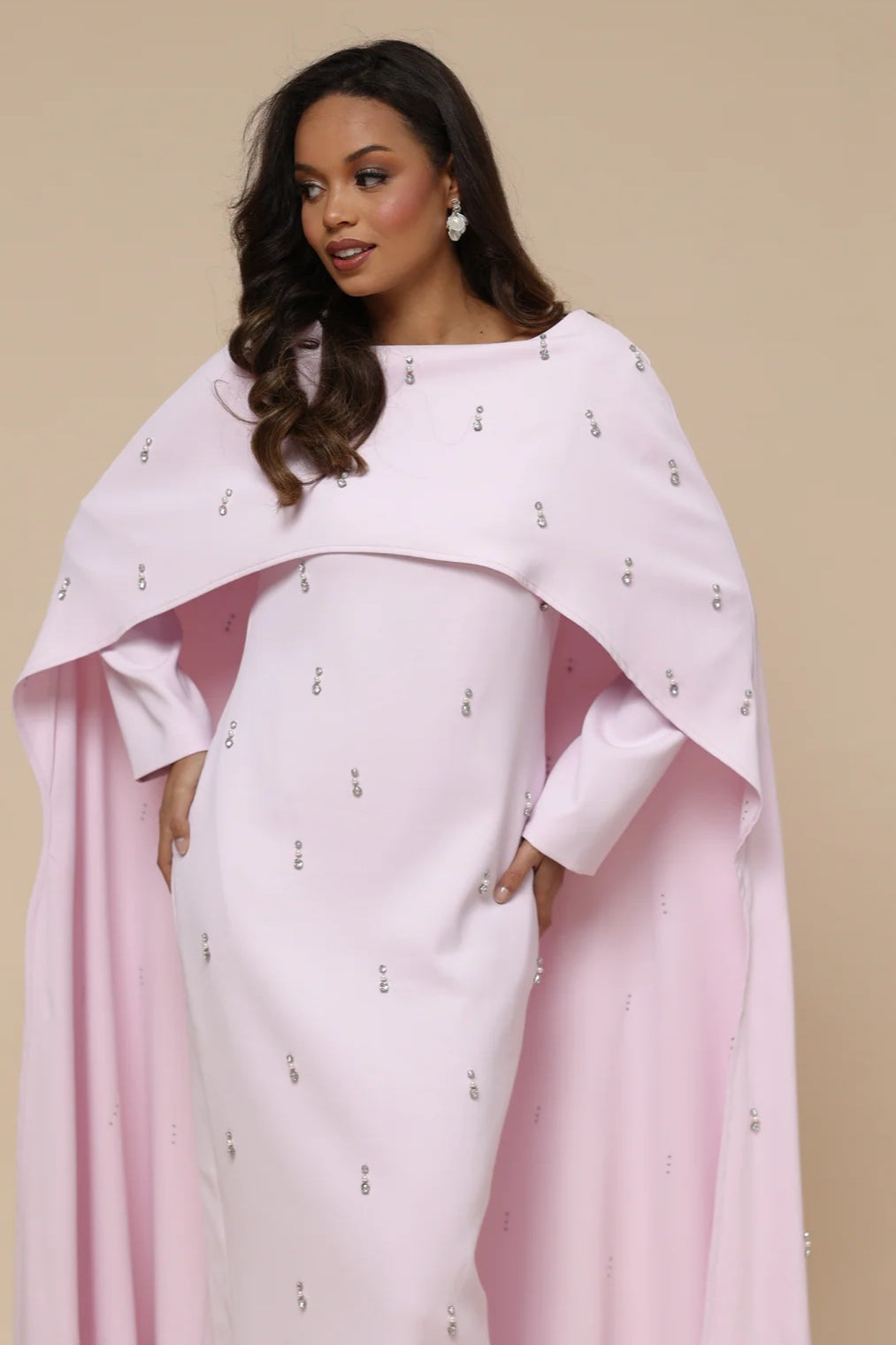 Embellished Cape-Sleeve Modest Two-Piece Gown-Pink