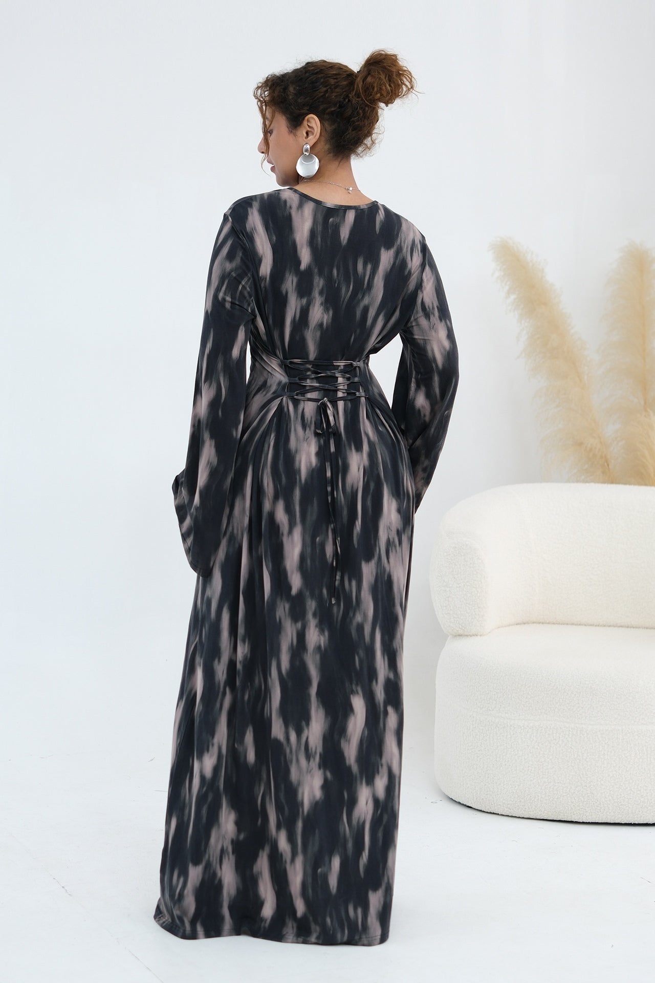 Leila Tie Dye Flare Sleeve Maxi Dress-Black