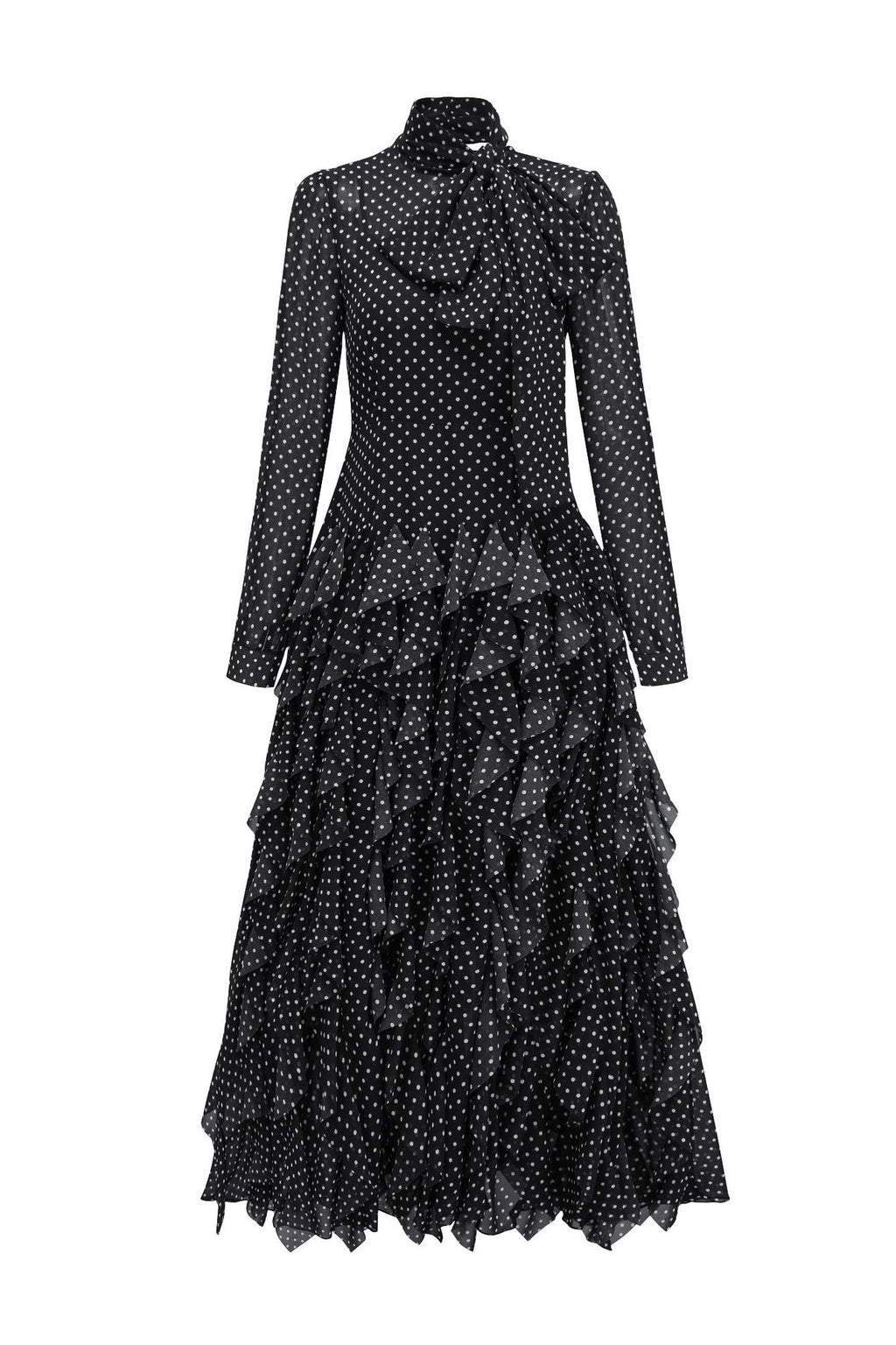 Polka Dot Mock-Neck Midi Dress-Black