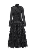 Polka Dot Mock-Neck Midi Dress-Black